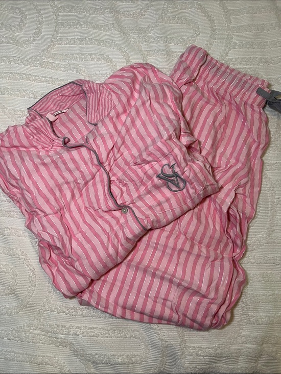 Victoria's Secret Other - Victoria's Secret Pink Striped Pajama Set with Gray Trim